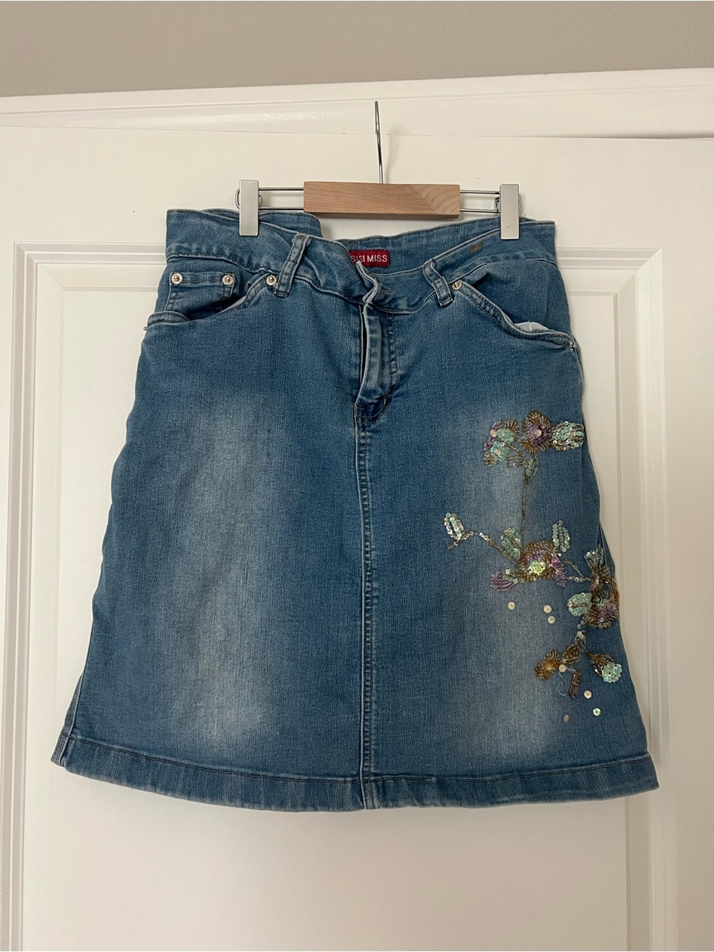 Blue Denim Skirt with Embroidered Floral Detail
